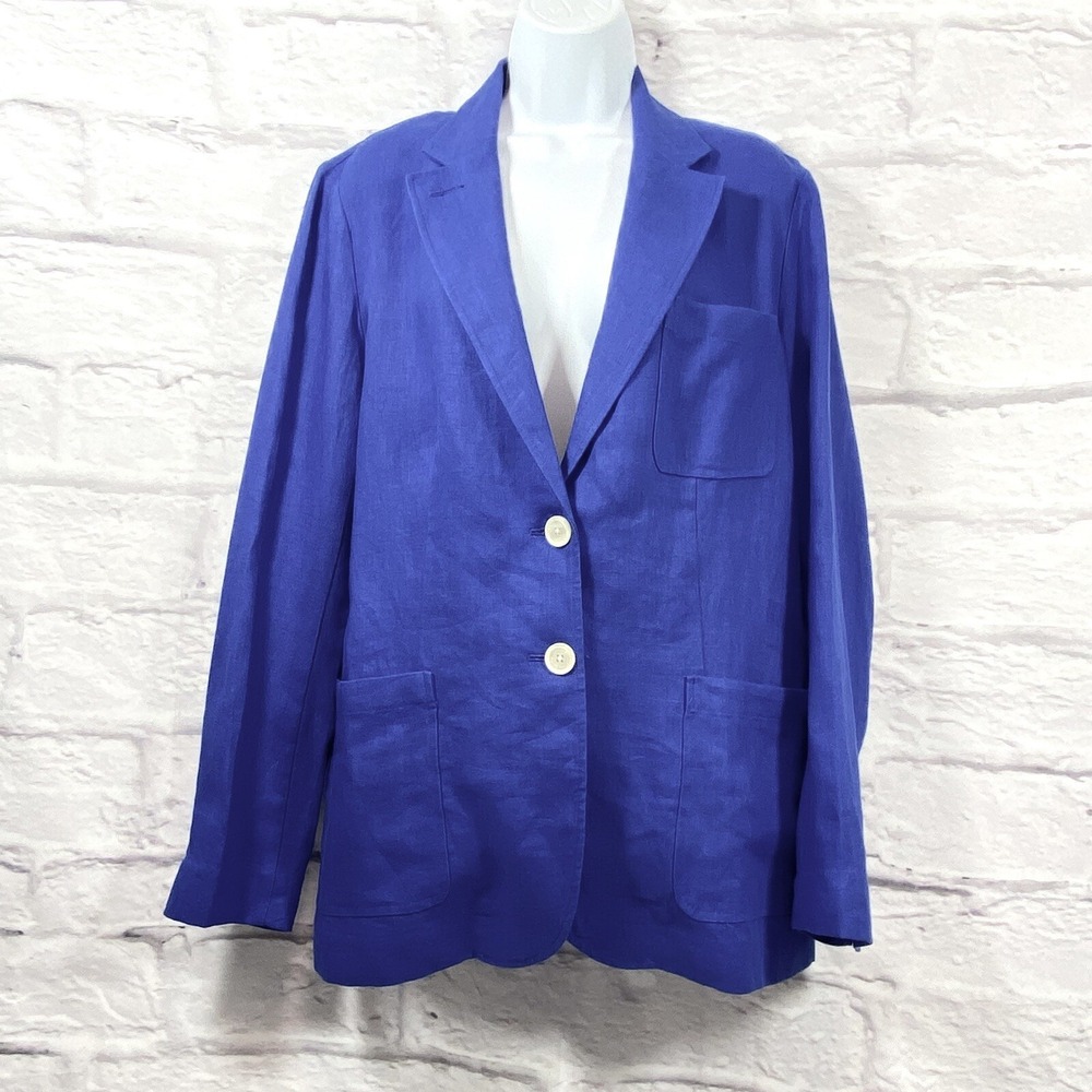 Lauren Ralph Lauren Jacket Women's 12 Blue Blazer 100% Linen Long Sleeves New